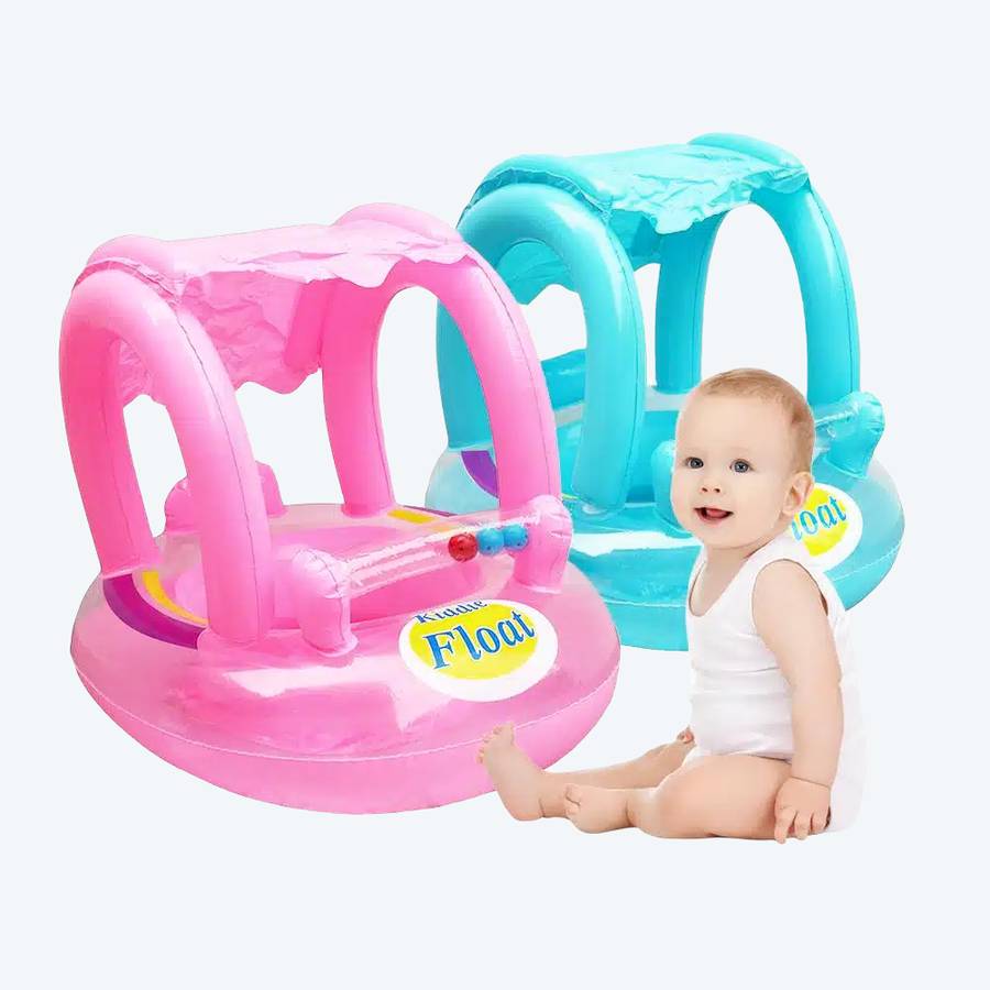 Deux bouées de piscine avec pare-soleil une rose et une bleue avec un bébé qui rigole