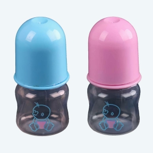 Deux minis biberons 60 ml en PP pour bébé un rose et un bleu avec un motif de bébé