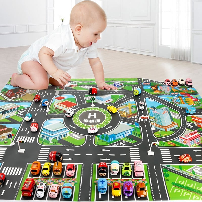 Un tapis de route éducatif avec un bébé qui joue