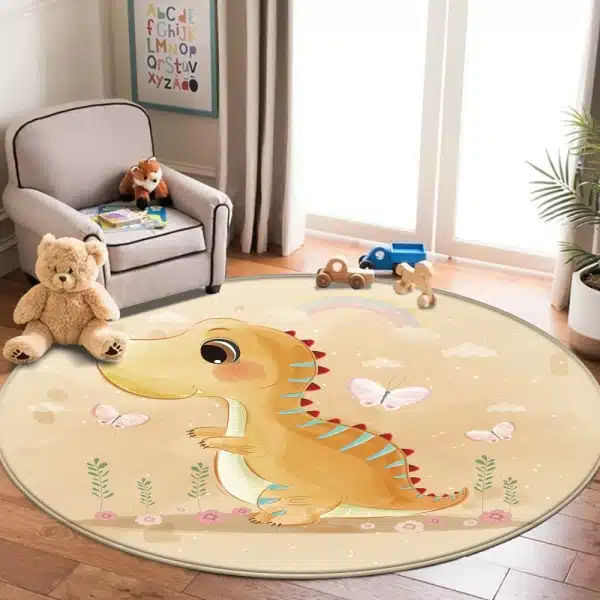 Un tapis de sol antidérapant pour enfants avec un motif dinosaure marron