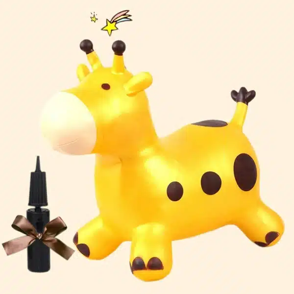 Trémie gonflable en forme de girafe jaune avec une pompe pour gonfler