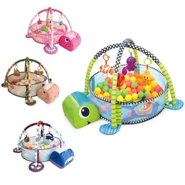 Quatre tapis de jeu en forme d'animaux un vert, un bleu, un rose et un bleu pour bébé avec plusieurs jouets