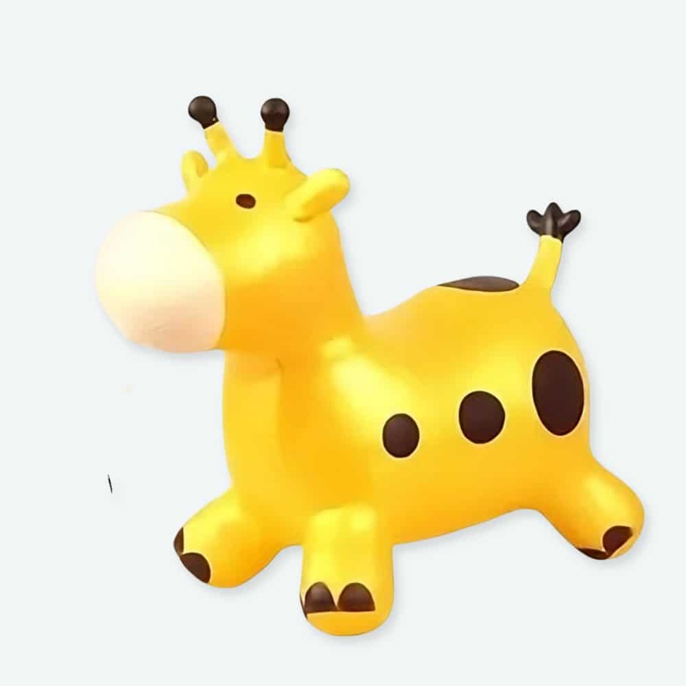 Trémie gonflable en forme de girafe jaune avec une pompe pour gonfler.