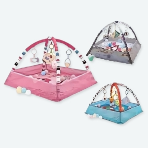 Trois tapis de jeu gymnastique un rose, un bleu et un gris pour bébé.