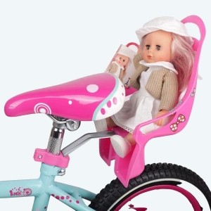 Siège de vélo rose pour poupée avec une poupée