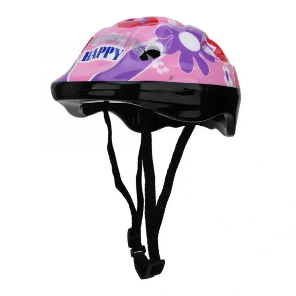 Casque de vélo réglable pour enfants rose avec des fleurs et avec un fond blanc