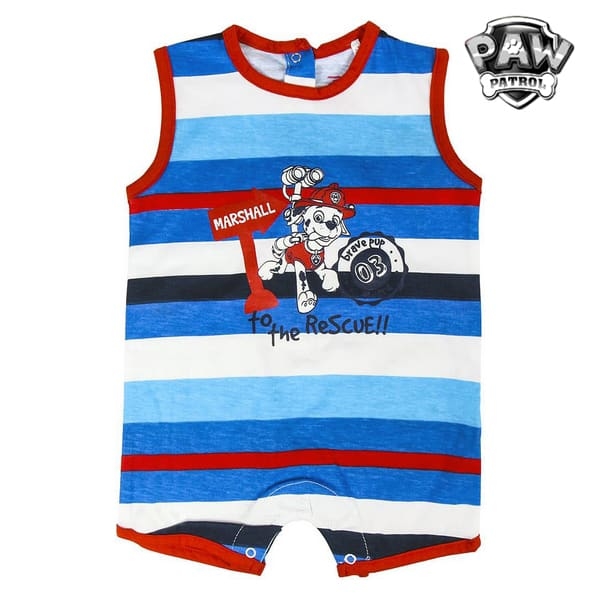 Barboteuse sans manches pour bébé pat patrouille bleu, rouge et blanc avec un fond blanc et le logo "Paw Patrol"