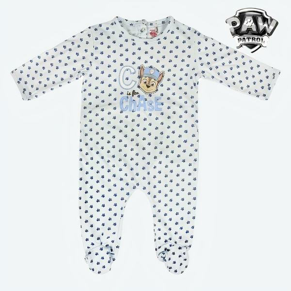 Barboteuse manches longues pour bébé Pat Patrouille avec un fond blanc et le logo "Paw Patrol"