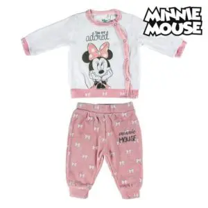 Ensemble de vêtements Minnie Mouse Bébé rose-blanc avec un fond blanc et le logo Minnie