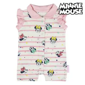Barboteuse sans manche Minnie Mouse blanc rose pour bébé avec un fond blanc et le logo Minnie