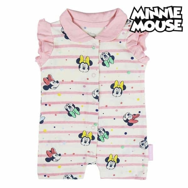 Barboteuse sans manche Minnie Mouse blanc rose pour bébé avec un fond blanc et le logo Minnie