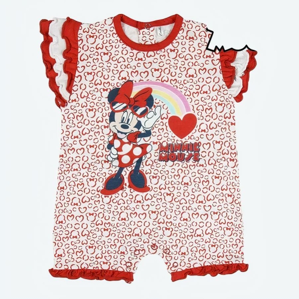 Barboteuse à manches courtes pour bébé Minnie Mouse Rouge Blanc avec un fond blanc et le logo Minnie