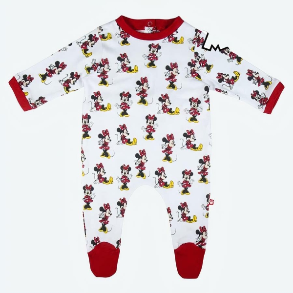 Barboteuse manches Longues à motif Minnie Mouse pour Bébé avec un fond blanc et le logo Minnie