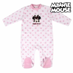 Barboteuse manches longues pour fille Minnie Mouse rose avec un fond blanc et le logo Minnie