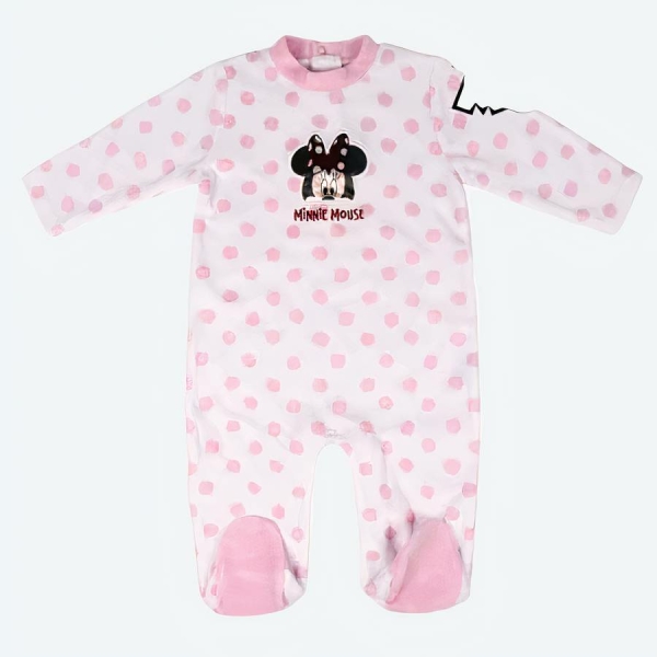 Barboteuse manches longues pour fille Minnie Mouse rose avec un fond blanc et le logo Minnie