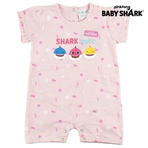 Barboteuse à manches courtes baby shark rose avec un fond blanc et le logo baby shark