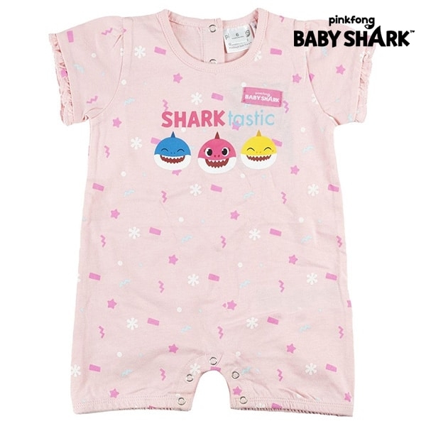 Barboteuse à manches courtes baby shark rose avec un fond blanc et le logo baby shark