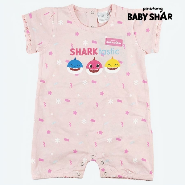 Barboteuse à manches courtes baby shark rose avec un fond blanc et le logo baby shark