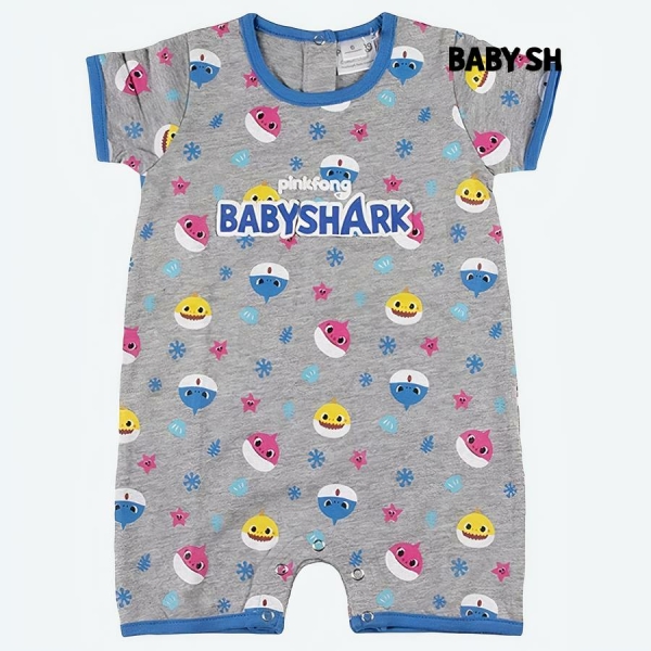 Barboteuse à manches courtes baby shark avec un fond blanc et le logo baby shark