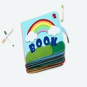 Livre 3D en tissu pour bébé avec motif arc en ciel, couleur bleu.
