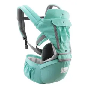 Porte-bébé ergonomique en style kangourou bleu avec un fond blanc