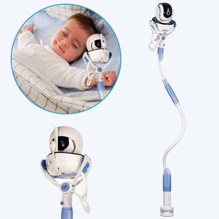 Babyphone vidéo sans fil avec support avec un fond blanc et un bébé qui dort