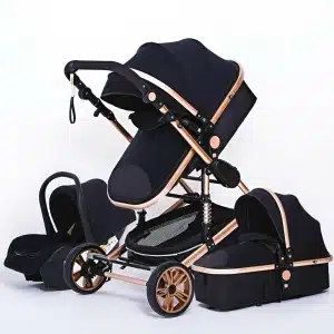 Poussette pliable multifonctionnelle pour bébé noir et rose avec un fond blanc