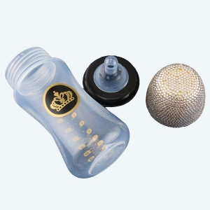 Biberon de lait pour nouveau-né avec un motif corrone et un fond bleu