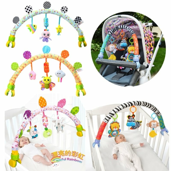 Arche d'activités musicale avec mobile en peluche pour bébé avec plusieurs motifs et coloris différents