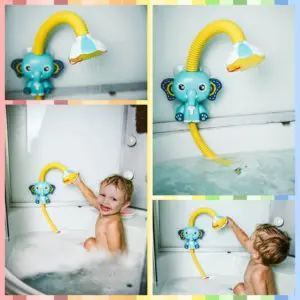 Jouet de bain à jet d'eau électrique en forme d'éléphant bleu avec un bébé qui jouet dans l'eau