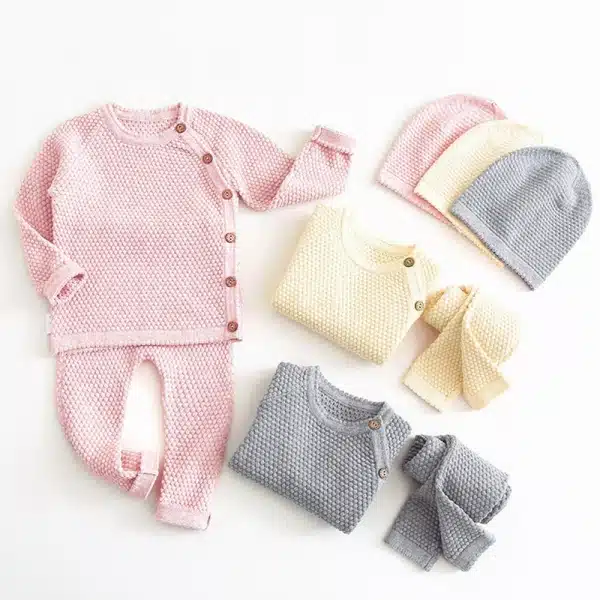 Ensemble de pyjama pour bébés un rose. un gris et un jaune avec un fond blanc