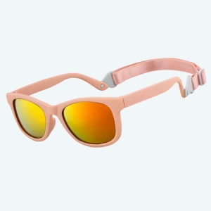 Lunette de soleil rose pour bébé. Les verres sont de couleur jaunâtre. Un elastique est attaché aux branches afin que l'enfant ne perde pas ses lunettes de soleil.