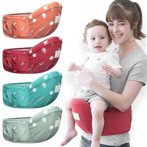 Siège porte bébé de 0 à 1 ans avec un fond une maman qui porte le porte bébé rouge