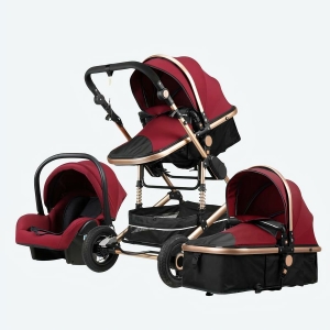 Poussette 3-en-1 moderne pour bébé bordeaux avec un fond blanc
