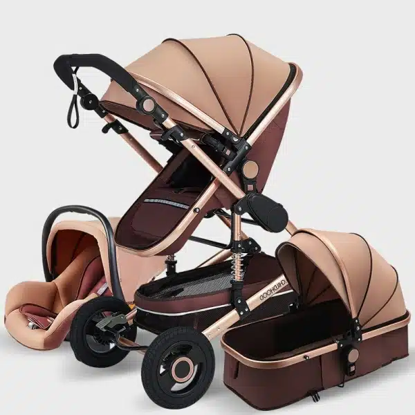 Poussette trio 3 en 1 pour bébé pliable marron avec un fond blanc