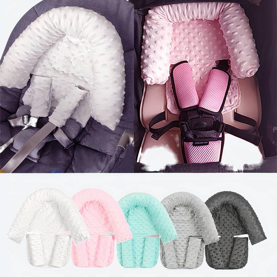 Oreiller cale tête de bébé avec ceinture à plusieurs coloris une rose, une bleu, une blanche et une grise