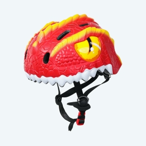 Casque vélo en forme de dinosaure pour enfants rouge et jaune ave un fond blanc