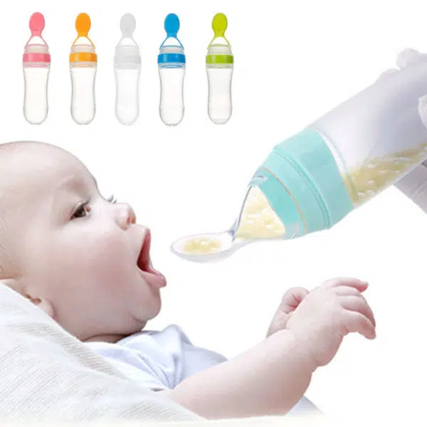 Biberon pour bébé de 90 ml à plusieurs coloris et un bébé qui bois dans un biberon vert