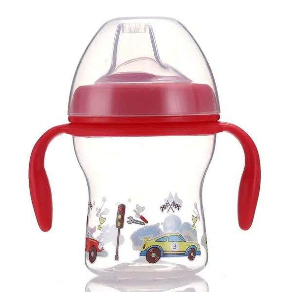 Biberon sans BPA pour bébé rouge avec un logo de voiture et un fond blanc