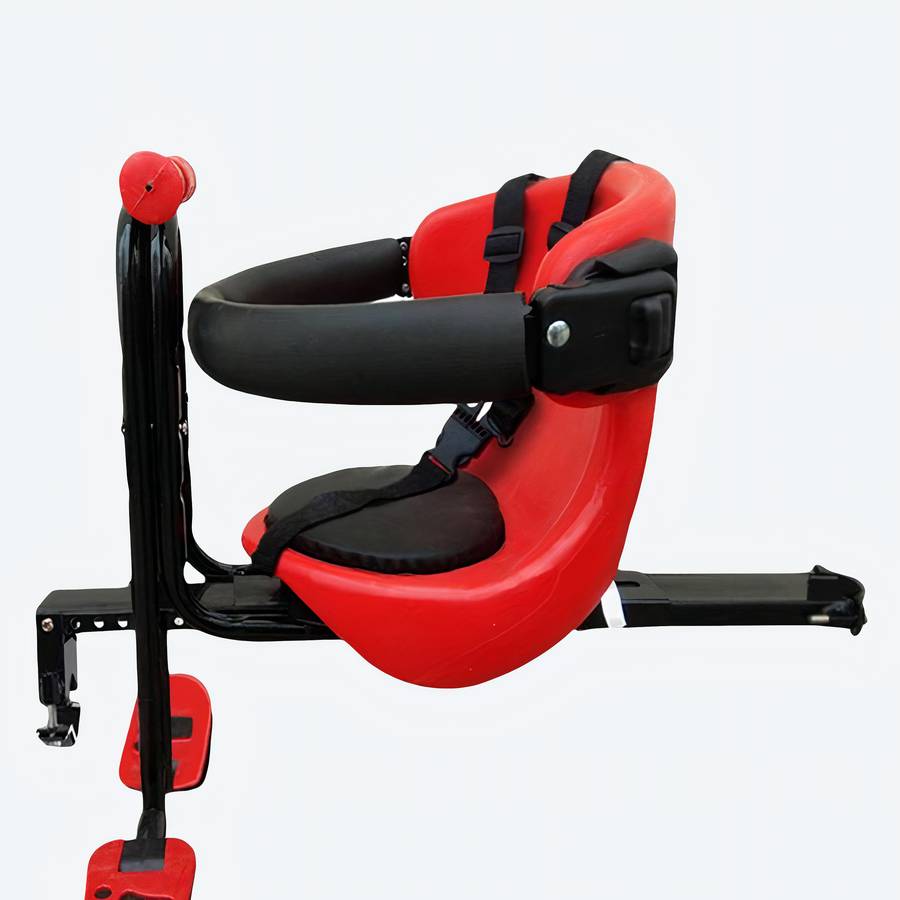 Sièges de vélo amovibles pour bébé rouge et noir avec un fond blanc