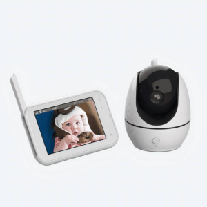 Babyphone vidéo sans fil avec caméra et une image de bébé en fond