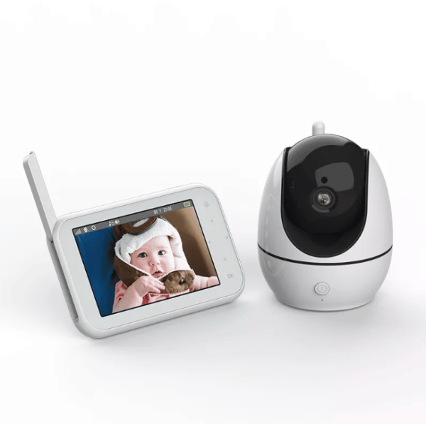 Babyphone vidéo sans fil avec caméra et une image de bébé en fond