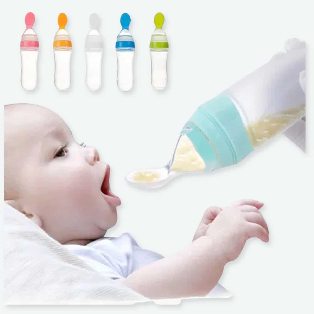 Biberon pour bébé de 90 ml à plusieurs coloris et un bébé qui bois dans un biberon vert