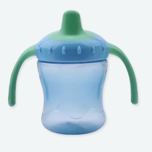 Biberon coloré de 260ml pour bébé un orange, un rose et un bleu avec un fond gris et une plante