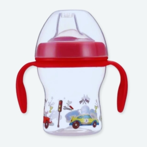 Biberon sans BPA pour bébé rouge avec un logo de voiture et un fond blanc
