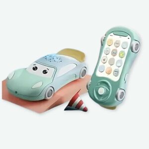 Téléphone portable pour bébés vert en forme de voiture.