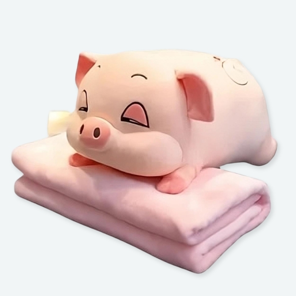 Oreiller cochon en peluche avec couette rose
