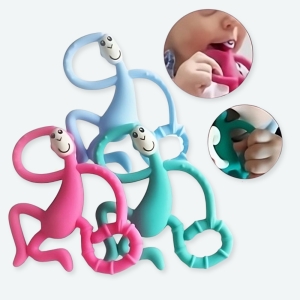 Jouet de dentition en forme de singe pour bébé un rose, un vert et un bleu