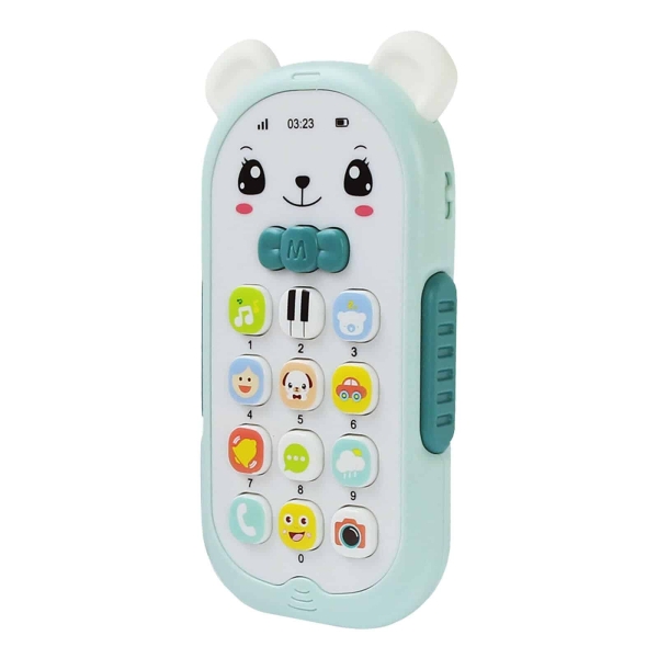 Téléphone jouet pour bébé en forme d'ours et un fond blanc