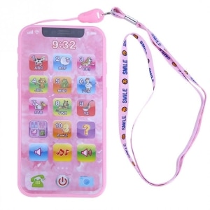Téléphone jouet portable avec une musique rose avec un fond blanc